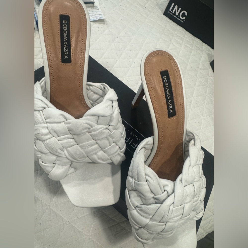 BCBG white leather slides